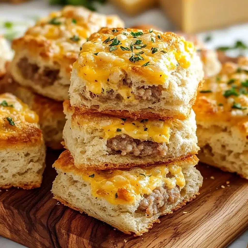 Sausage Cheese Butter Swim Biscuits, savory biscuit recipes, easy breakfast casserole, fluffy savory biscuits, weekend brunch ideas The image shows a close-up of several square biscuits stacked on a wooden board. Each biscuit has two layers: a soft, fluffy, light beige biscuit layer on the bottom and top, and a middle layer filled with melted yellow cheese and crumbled seasoned sausage. The biscuit tops are golden brown with small green herb sprinkles and a slightly crispy texture. The background has a white marbled surface with blurred items including cheese slices and some green herbs.
