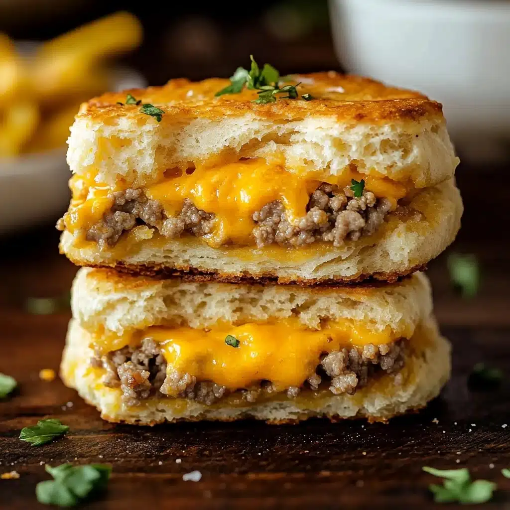 Sausage Cheese Butter Swim Biscuits, savory biscuit recipes, easy breakfast casserole, fluffy savory biscuits, weekend brunch ideas The image shows a stacked sandwich made of two biscuit layers with a golden-brown crust. Between the biscuits is a layer of cooked ground meat with a slightly crumbly texture and a layer of melted bright orange cheddar cheese that is oozing slightly over the meat. The top biscuit is garnished with a few small green herb leaves. The sandwich is placed on a dark wooden surface with small green herb leaves scattered around, and there is a blurred white bowl with what looks like golden fries or similar food in the background.