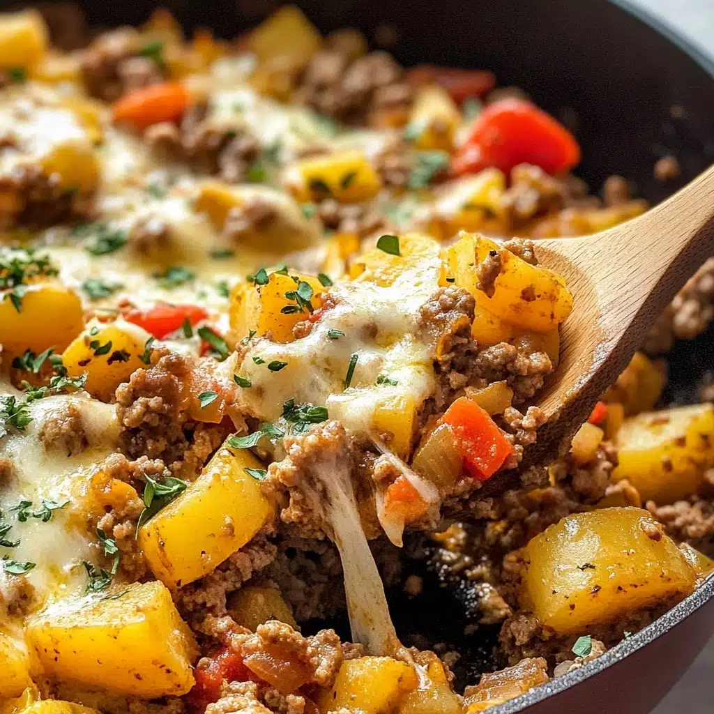 Mexican Ground Beef and Potato Skillet, Mexican beef and potato dish, quick Mexican ground beef skillet, flavorful one-pan Mexican meal, easy Mexican beef skillet The image shows a close-up of a cooked dish in a pan with several layers. The first layer is a mix of cooked ground meat, small yellow potato cubes, and red bell pepper pieces, all slightly browned. The second layer is melted pale yellow cheese stretched between the pieces, adding texture and creaminess. Small green herb bits are sprinkled on top, adding a fresh touch and color contrast. A brown wooden spoon holds a portion of the dish, picking it up from the pan that has a dark interior, and the background is a white marbled surface.