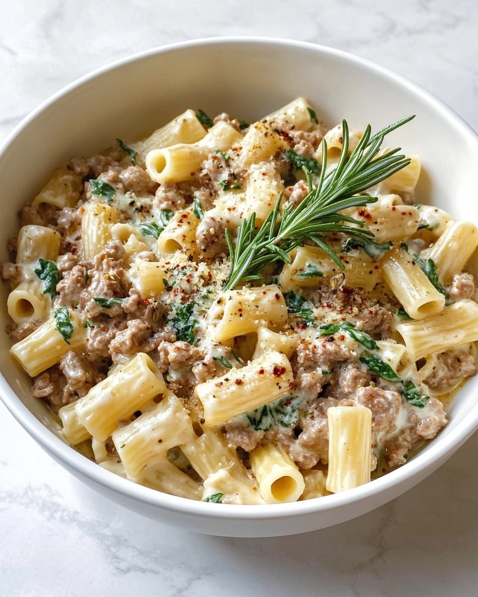 Creamy Sausage and Spinach Pasta, Italian sausage pasta, easy creamy pasta recipe, weeknight pasta dinner, quick pasta with sausage and spinach The dish shows a close-up of a white bowl filled with rigatoni pasta mixed with a creamy beige sauce that coats the pasta evenly. There are small pieces of browned ground meat scattered throughout and bright green spinach leaves mixed in, adding color contrast. Thin shreds of pale cheese are visible on top, melting into the sauce, with a sprig of fresh green rosemary placed near the edge. The bowl rests on a white marbled surface, giving a clean and simple background.