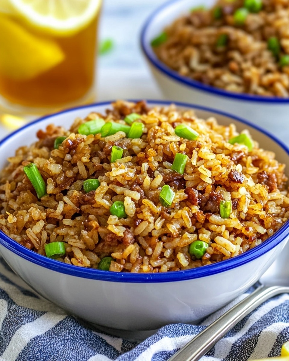 Easy Cajun Dirty Rice with Sausage, Cajun dirty rice, Cajun sausage rice, flavorful dirty rice recipe, quick Cajun rice dish A close-up view of two white bowls with blue rims, each filled with brown fried rice mixed with small pieces of browned meat and sprinkled with chopped green onions on top. The bowl in front is the main focus, showing a heaping mound of the rice with a slightly greasy texture and bits of seasoning visible. A silver spoon rests on a striped cloth beneath the bowl. In the background, a glass of iced tea with lemon slices and half a lemon on the white marbled surface can also be seen.