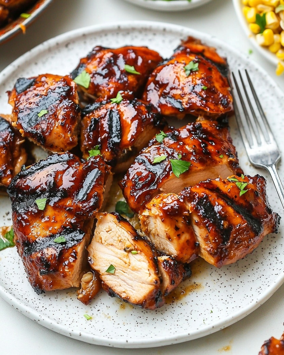 Caramelized BBQ Chicken Thighs in the Oven, oven BBQ chicken thighs recipe, easy baked BBQ chicken thighs, juicy oven grilled chicken, flavorful baked chicken thighs On a white speckled plate, there are several pieces of grilled chicken with a shiny, dark orange glaze and charred edges. The chicken is partly whole and partly sliced into thick strips showing the light inner meat. The chicken pieces are sprinkled with small green herb bits. A fork touches one piece from the right side of the plate. The plate is set on a white marbled surface, and parts of other dishes with yellow corn and mixed shredded vegetables can be seen around.
