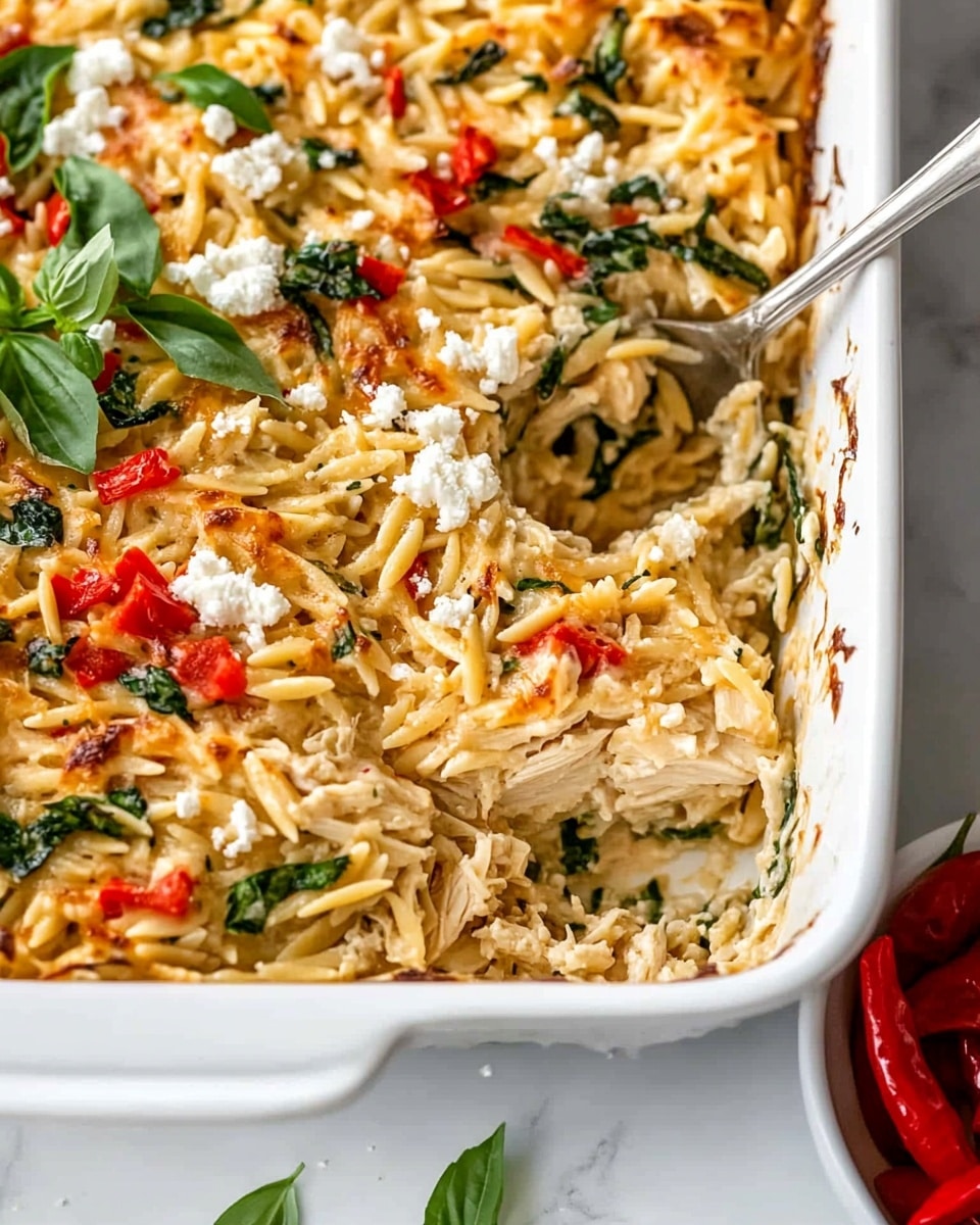 Greek Chicken and Orzo Casserole, Mediterranean chicken bake, easy Greek chicken casserole, healthy chicken and orzo dish, flavorful baked chicken casserole The image shows a white rectangular baking dish filled with a layered casserole. The top layer is a mix of shredded light beige chicken, small chunks of red roasted peppers, finely chopped green herbs, and scattered white crumbles of cheese. The texture looks creamy with some pieces of cooked spinach or leafy greens mixed throughout. A silver spoon is partly inside the dish, showing a scoop taken out and revealing similar layers inside. The dish sits on a white marbled surface, with a small white bowl of red roasted peppers beside it.
