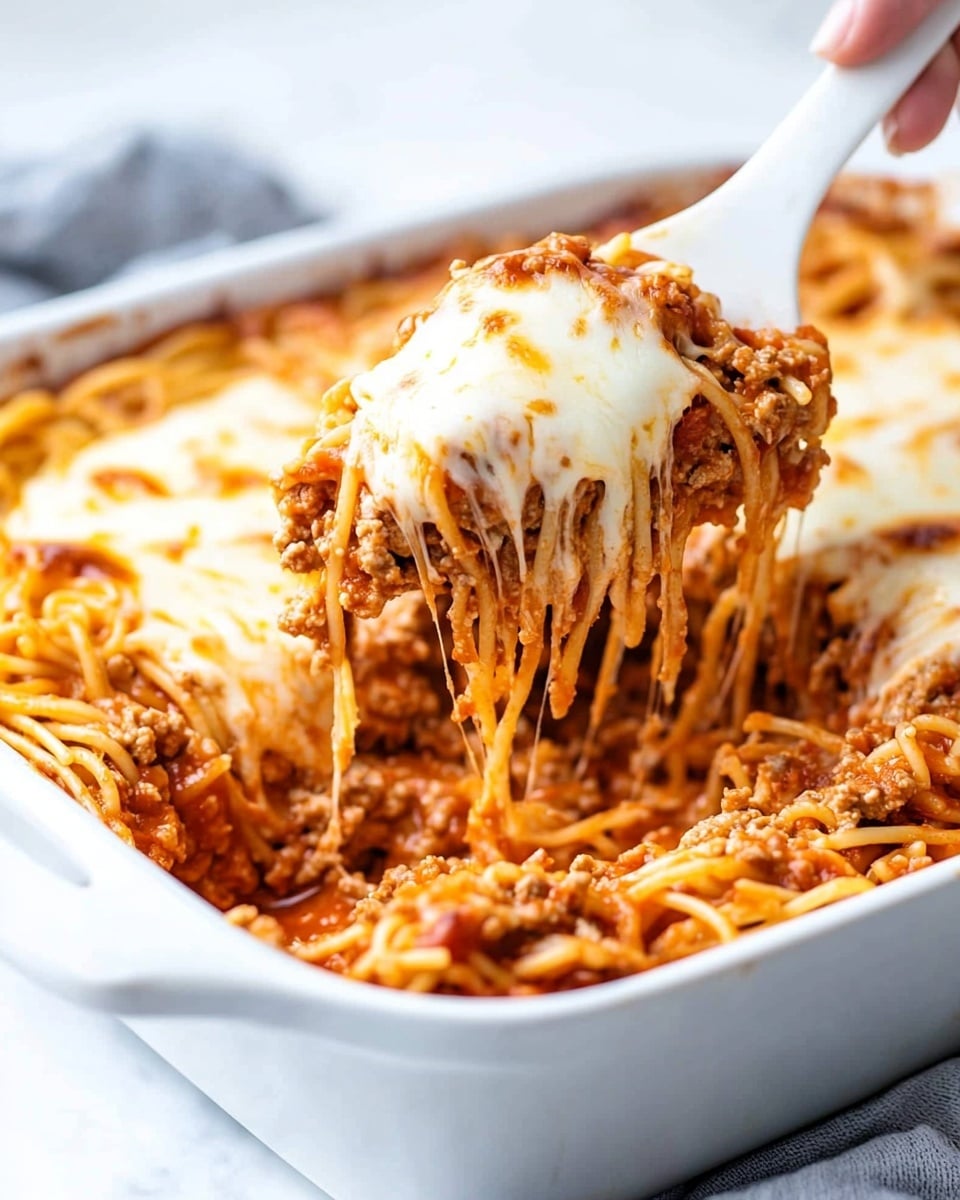 Million Dollar Spaghetti, easy baked spaghetti casserole, cheesy spaghetti bake, hearty family dinner ideas, best spaghetti recipes A white baking dish holds a layered spaghetti casserole, with a woman's hand lifting a large scoop on a white spatula. The dish has three main layers: the bottom and middle layers show cooked spaghetti mixed with a rich red tomato sauce and browned ground meat, creating a thick, textured layer of noodles and meat. The top layer is fully covered with melted cheese that is golden brown in spots, adding a smooth and slightly bubbly texture. The background surface has a white marbled texture.