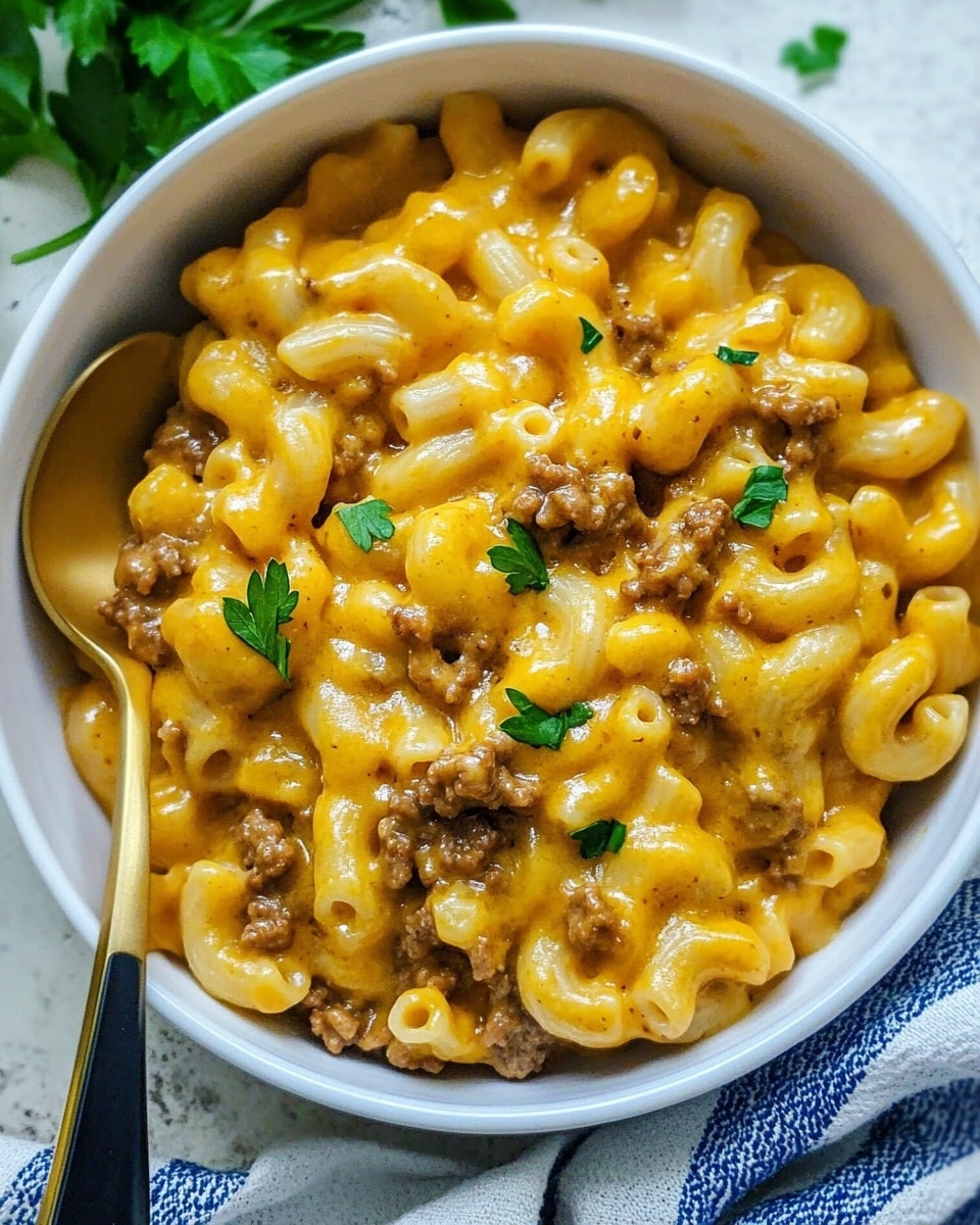 One Pot Cheeseburger Helper, Easy Cheeseburger Dinner, Quick Comfort Food, Family-Friendly Cheeseburger, One Pan Ground Beef Recipes A white bowl is filled with creamy macaroni and cheese with ground meat mixed in. The dish has one main layer of yellow macaroni pasta coated in a thick, smooth orange cheese sauce, dotted with small chunks of brown ground meat and sprinkled with small green parsley leaves. A gold and black spoon is partially submerged on the left side in the bowl. The bowl sits on a blue and white cloth on a white marbled surface, with a few fresh parsley leaves placed nearby.
