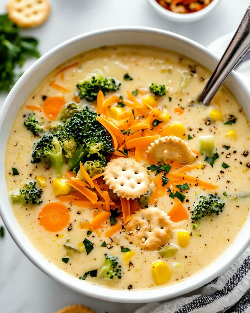 One Pot Creamy Vegetable Soup, creamy vegetable soup, easy veggie soup, healthy vegetable soup, hearty vegetable soup A close-up view of a white bowl filled with creamy soup that has a light yellow color and visible black pepper and herbs. The soup contains layers of colorful vegetables including green broccoli, orange carrot slices, yellow corn kernels, and light green celery pieces. On top, there are shredded orange cheese, small circular white crackers, and chopped green herbs sprinkled neatly in the center. The bowl is placed on a white marbled surface with a striped cloth underneath, and a silver spoon is inside the bowl. In the background, two small white bowls with red pepper flakes and green herbs are partially visible.