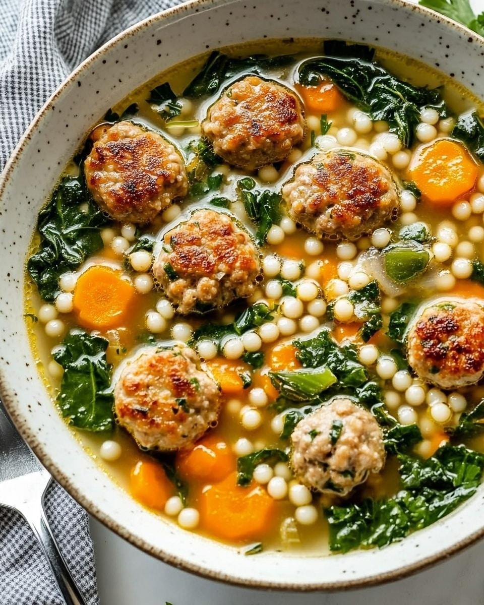 Italian Wedding Soup, Italian Wedding Soup recipe, homemade Italian Wedding Soup, comforting Italian Wedding Soup, easy Italian Wedding Soup A white bowl filled with a soup showing about four layers: the base layer is a clear light yellow broth with small white pearl-like grains; the second layer has bright orange carrot slices and leafy green spinach scattered evenly; the third layer contains browned small meatballs lightly browned on the outside, sitting among the vegetables; the top is sprinkled with finely chopped green herbs. A silver spoon rests inside the bowl on the left side. The bowl sits on a blue and white checkered cloth on a white marbled surface. In the background, there is a wooden bowl with black pepper and a white bowl with more chopped green herbs.