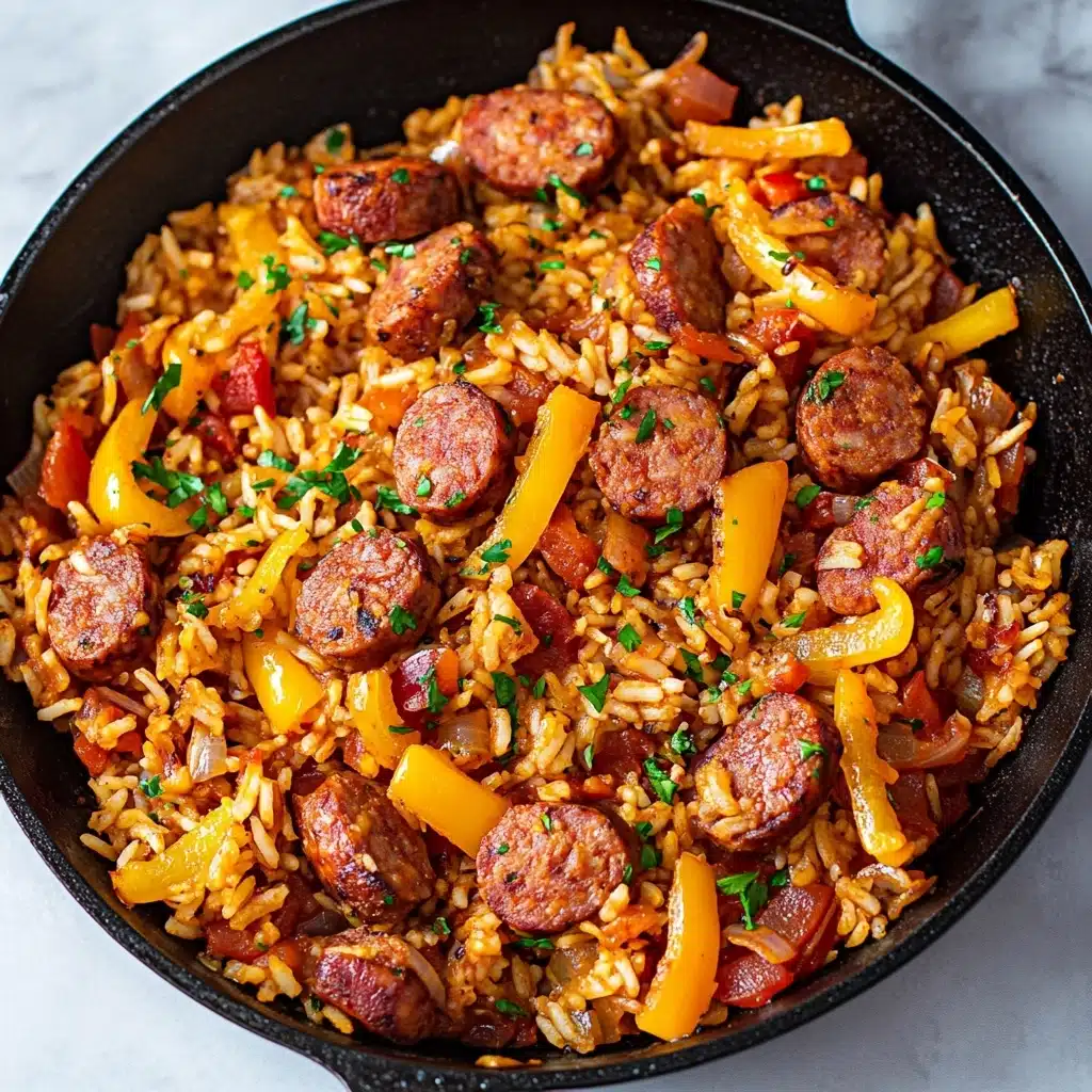 Sausage and Rice Skillet, easy sausage and rice dinner, one-pan sausage recipes, quick weeknight skillet meal, hearty sausage rice dish The image shows a black skillet filled with cooked rice mixed with sliced reddish-brown sausage pieces. Bright yellow and red bell pepper strips are scattered throughout the dish, adding pops of color. Small bits of green herbs are sprinkled over the rice and sausage, giving a fresh look. The rice has an orange tint, suggesting it is seasoned or cooked with tomato or spices. The skillet sits on a white marbled surface.