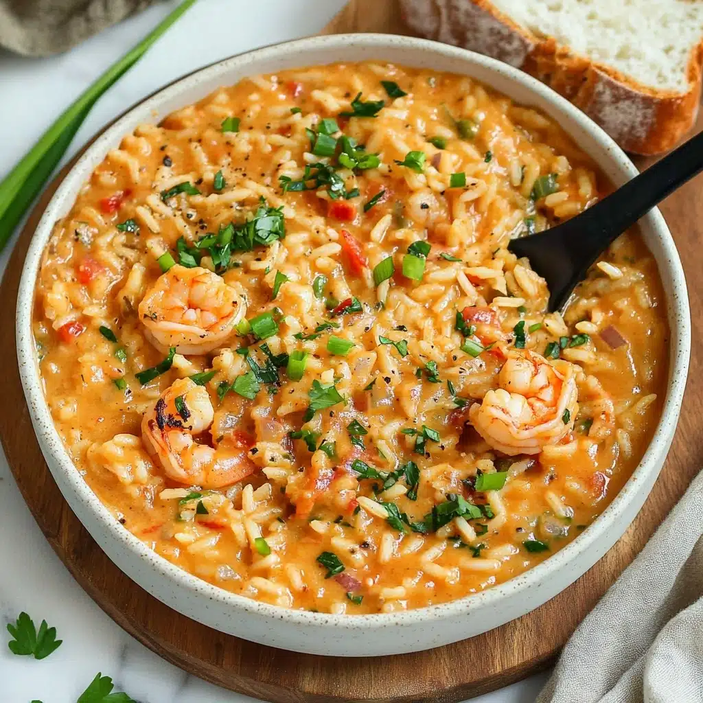 Marry Me Shrimp and Orzo, Shrimp and Orzo Recipe, Easy Shrimp Pasta, Elegant Weeknight Dinner, Quick Seafood Pasta A white bowl filled with a creamy orange dish made of small pasta pieces mixed with plump orange shrimp, orange sauce, and small bits of green herbs and red peppers spread evenly throughout. The dish is topped with fresh green sliced scallions and sprinkled with chopped herbs. The bowl sits on a light brown wooden board next to toasted white bread slices with melted butter and herbs, all placed on a white marbled surface.