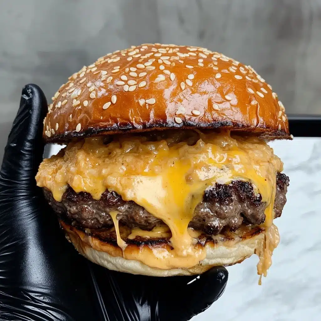 Smash Burgers with Baconnaise Sauce, bacon cheeseburgers, easy gourmet burger recipes, crispy smash burgers, flavorful bacon sauce A close-up image of a large burger held by a woman's hand wearing a black glove against a white marbled texture background. The burger has three main layers: the top is a shiny sesame seed bun with a golden-brown color; beneath it is a thick layer of melted yellow cheese mixed with a creamy sauce that has small bits in it, oozing over the edges; the bottom layer is a juicy, browned beef patty with a slightly rough texture. The cheese looks soft and gooey, melting down the sides of the patty, creating a rich, messy look. The burger looks hearty and filling.