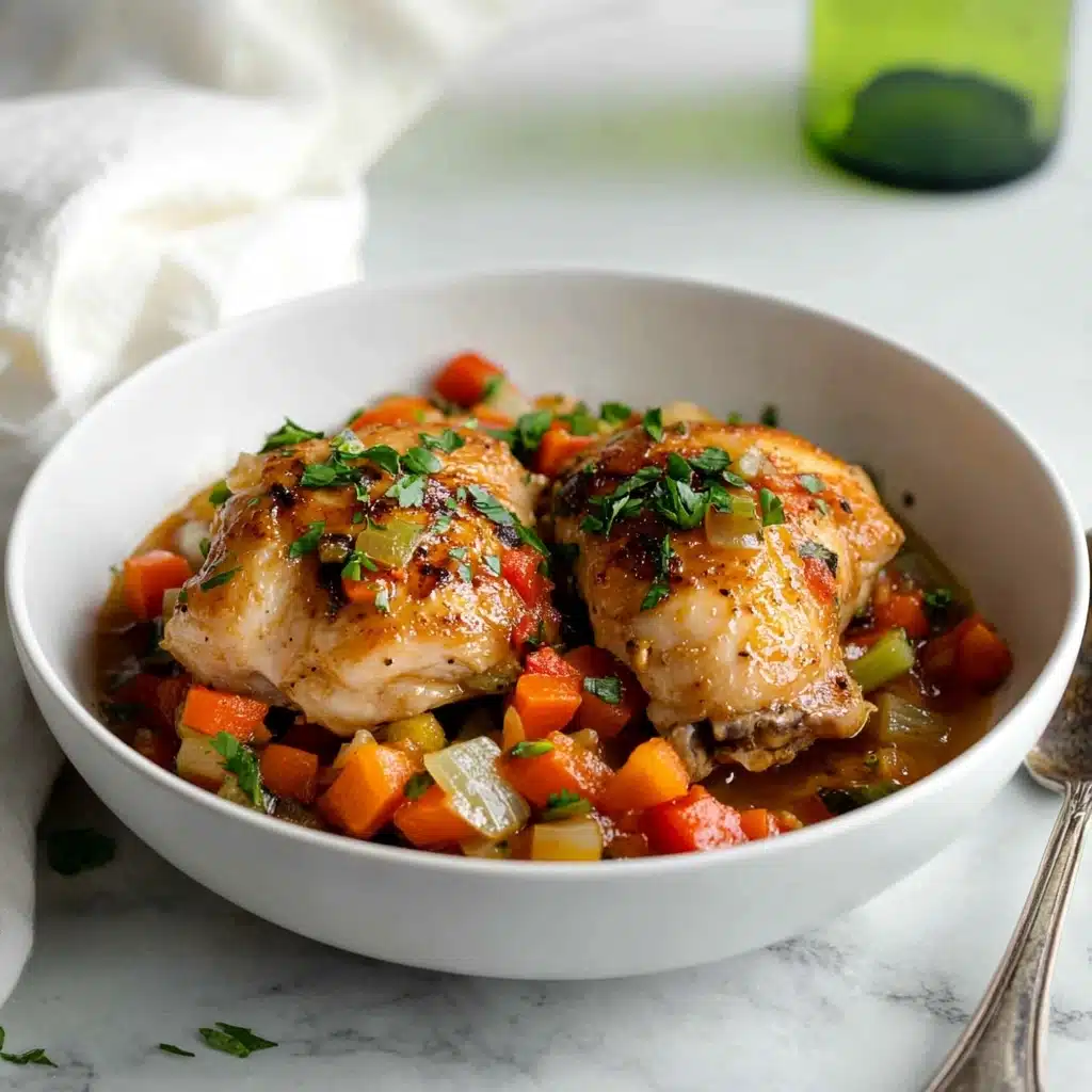 Instant Pot Chicken Osso Buco, Instant Pot Chicken Thighs Recipe, Easy Chicken Osso Buco, Quick Chicken Dinner, Comfort Food with Chicken A white bowl filled with two golden brown cooked chicken pieces resting side by side, topped with a colorful mix of chopped red bell peppers, orange carrots, celery, and fresh green herbs, all coated in a light sauce. The bowl is placed on a white marbled surface with a white cloth nearby and a green bottle with a white label blurred in the background. A spoon is partially visible on the right side of the bowl.