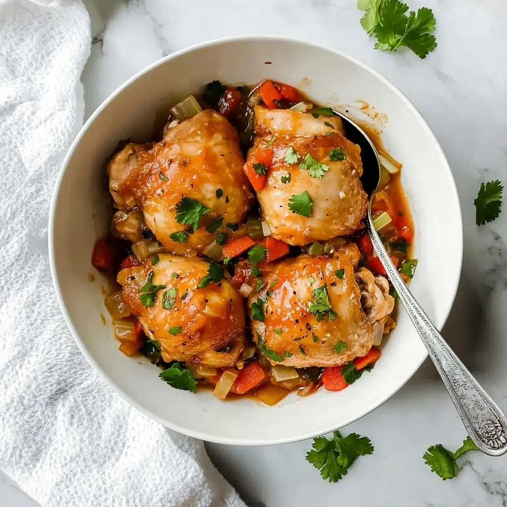 Instant Pot Chicken Osso Buco, Instant Pot Chicken Thighs Recipe, Easy Chicken Osso Buco, Quick Chicken Dinner, Comfort Food with Chicken A white bowl holds four cooked chicken thighs with a light brown, slightly crispy skin. On top and around the chicken are small diced pieces of red and yellow vegetables, likely bell peppers and onions, mixed with a light sauce. Fresh green cilantro leaves are sprinkled over the dish, adding a bright touch of color. A silver spoon rests inside the bowl on the right side. The bowl is placed on a white marbled surface, with a white textured cloth nearby and a few scattered cilantro leaves around.
