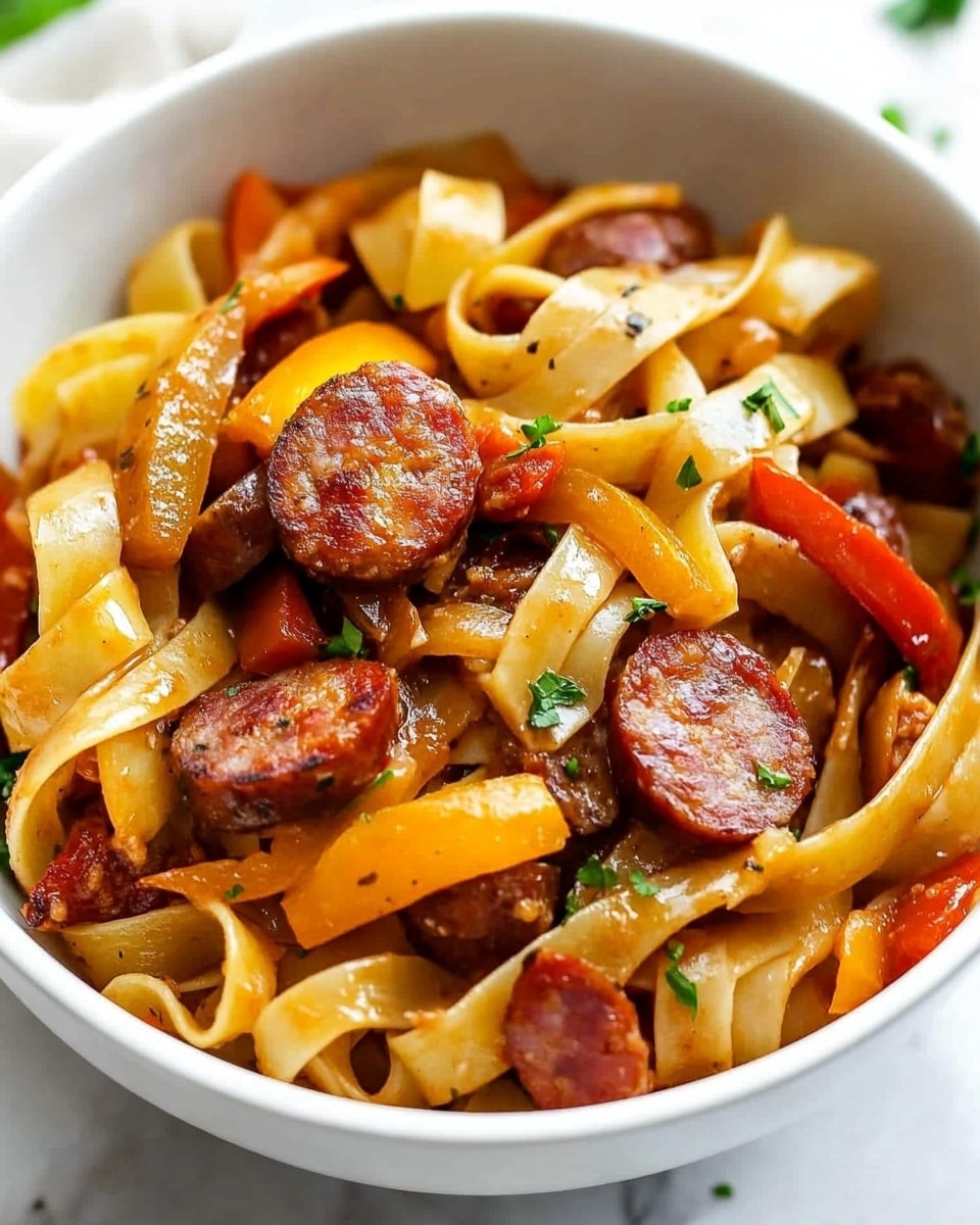 Sausage and Peppers Skillet, Sausage and Peppers, Easy Sausage and Peppers Dinner, Quick Sausage and Peppers Recipe, One-Pan Sausage and Peppers The dish is served in a white bowl on a white marbled surface. Inside the bowl, there are three main layers: at the bottom are wide, flat yellow pasta ribbons with a smooth texture, partly curled and layered. On top of the pasta, there are slices of reddish-brown sausage arranged throughout, with a shiny, cooked surface. Mixed among the sausage and pasta are cooked, soft onion slices that are translucent with a light golden color, and slices of orange and red bell peppers adding bright color contrast. Scattered green herb bits are sprinkled over the dish, adding a touch of freshness.