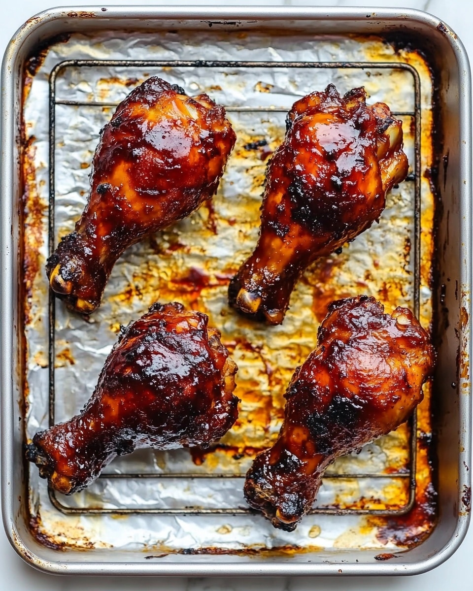 Baked BBQ Chicken Drumsticks, BBQ chicken drumsticks recipe, easy baked chicken dinners, flavorful baked chicken thighs, juicy BBQ chicken The image shows three cooked drumsticks on a metal rack over a tray lined with foil, all on a white marbled surface. Each drumstick is coated in a dark reddish-brown glaze with a shiny, sticky texture that suggests a flavorful sauce. The drumsticks have small charred spots where the glaze has caramelized, giving them a slightly crispy look. The tray underneath has some drips and smears of the same sauce, creating a messy but appetizing scene.