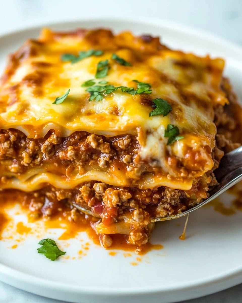 Beef Enchilada Casserole, easy enchilada casserole, cheesy beef casserole, Mexican dinner ideas, quick weeknight dinner A close-up of a layered lasagna piece on a white plate with a white marbled background. The dish shows at least three layers: a bottom layer of soft pasta, a middle thick layer of rich ground meat mixed with reddish-orange sauce, and a top layer of melted yellow cheese sprinkled with small green cilantro bits. The lasagna looks juicy and slightly oily, with sauce spreading on the plate around it. A spoon is lifting a portion of the lasagna from the plate, showing the mixed textures of cheese, pasta, and meat.