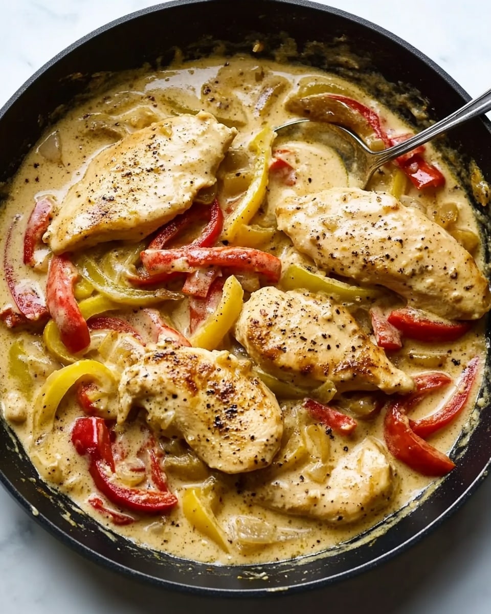 Creamy Pepperoncini Chicken, easy chicken dinner, flavorful chicken recipes, quick weeknight chicken, savory pepperoncini chicken The image shows a black skillet filled with a creamy sauce layered with golden-brown cooked chicken slices on top. The chicken pieces are lightly seared, each with pepper specks and placed in a scattered arrangement in the sauce. Mixed through and on top of the chicken are slices of bright red bell peppers and small rings of yellow-green banana peppers, adding color contrast. The creamy sauce is pale tan with some darker spots from cooking, creating a rich and smooth texture around the chicken and peppers. The skillet sits on a white marbled surface, and a silver spoon rests in the sauce holding one piece of chicken surrounded by peppers.