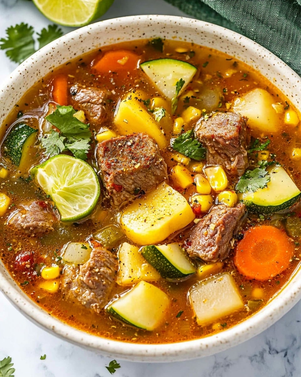 Caldo de Res Mexican Beef Soup, Mexican Beef Soup recipe, hearty Mexican soup, authentic Caldo de Res, comforting Mexican beef broth The image shows a bowl of soup filled with chunks of meat, round slices of bright orange carrots, yellow corn pieces cut into sections, green zucchini slices, cubed red and white potatoes, and small lime wedges scattered on top. The broth is clear with a warm orange tint and some red pepper flakes sprinkled on the surface. There are also a few green cilantro leaves spread over the soup for garnish. The soup is served in a white bowl, placed on a white marbled surface, with a green cloth napkin folded behind it.
