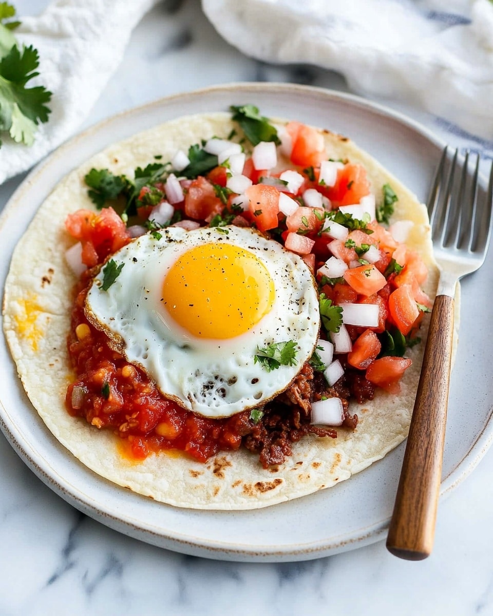 Fresh Huevos Rancheros, Huevos Rancheros breakfast, Mexican brunch recipes, vibrant breakfast ideas, easy huevos rancheros The image shows a white plate holding a single taco with four main layers. The bottom layer is a pale, soft tortilla, topped with a dark brown refried beans spread on one side. Next is a sunny-side-up egg with a bright yellow yolk and white edges, placed partly on the beans. On top of the egg, there is a chunky red salsa with visible tomato pieces, chopped white onions, and green cilantro. The colors contrast nicely on the white plate, which sits on a white marbled surface. A silver fork rests on the left side of the plate, and a wooden-handled knife lies on the right. In the background, part of another similar plate and a bowl with more salsa are visible.