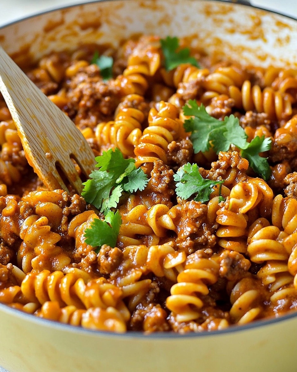One-Pot Cheesy Taco Pasta, quick taco pasta dinner, easy taco pasta recipe, creamy taco pasta, weeknight taco pasta A large white pot filled with a dish of spiral pasta mixed with small round pasta pieces and ground meat in a rich, reddish-brown sauce that coats every piece. Bright green parsley leaves are scattered on top for a fresh contrast. A wooden pasta spoon is partially submerged in the food, showing some pasta held within its prongs. The pot rests on a white cloth over a white marbled surface, visible in the background. The overall texture looks hearty and thick, with the pasta and meat well blended throughout.