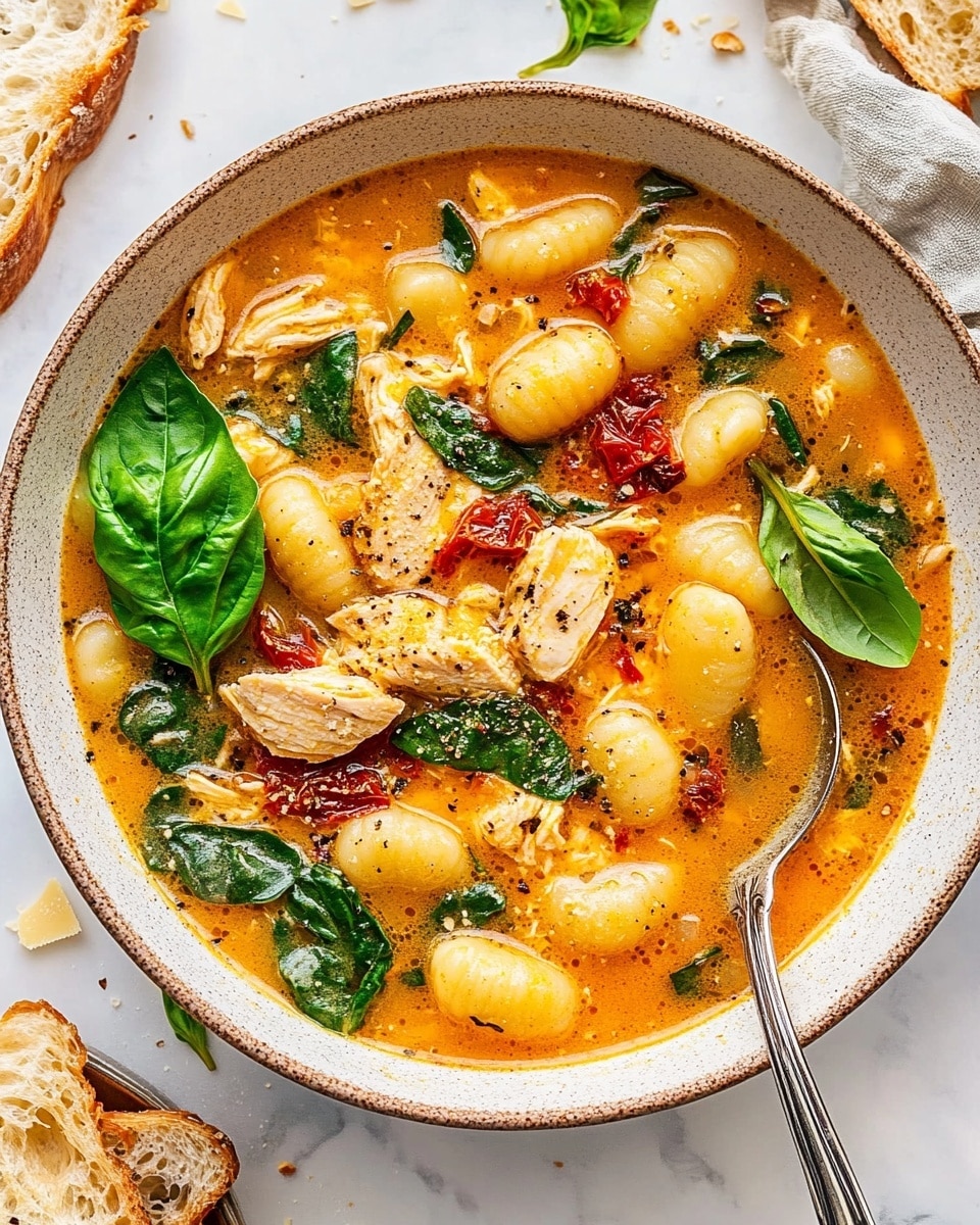 A shallow white bowl sits on a white marbled surface, filled with a rich orange broth layered with tender, light brown chicken pieces and soft, plump gnocchi that are pale yellow with ridged texture. Bright green spinach leaves add fresh color, scattered through the soup. Red sun-dried tomato chunks and finely grated pale yellow cheese are sprinkled on top, garnished with a few bright green basil leaves. A silver spoon with a wood handle rests in the bowl, holding a mix of chicken, gnocchi, and spinach. Broken pieces of crusty bread with a golden, crispy crust and soft airy inside are placed nearby. Photo taken with an iphone --ar 4:5 --v 6.1