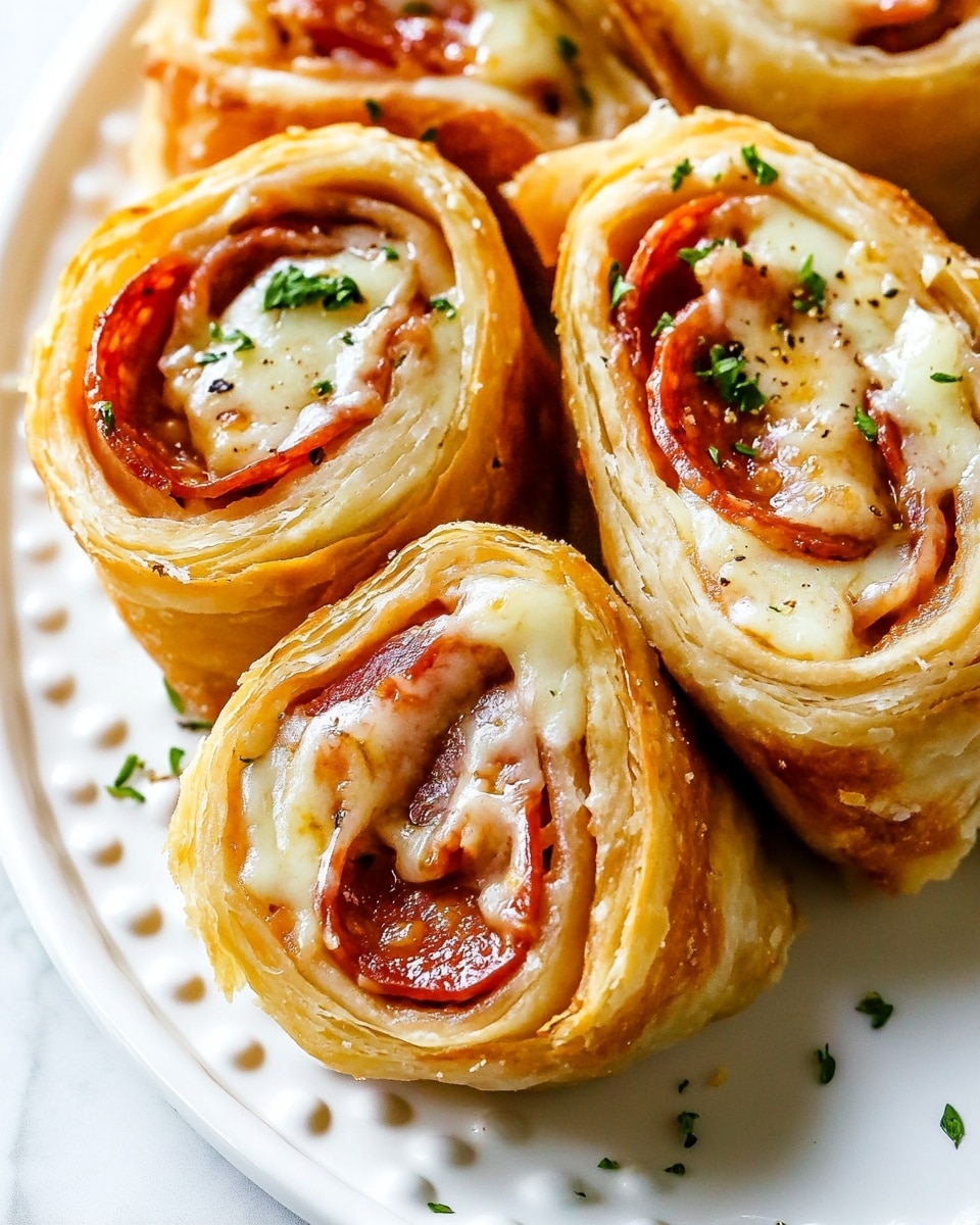The image shows five rolled pieces of a pastry on a white plate with a dotted pattern. Each roll has multiple layers visible, including a light golden brown outer crust, a melted white cheese layer inside, and slices of reddish pepperoni or sausage layered in between. Some green herb sprinkles, possibly parsley, are scattered on top and around the rolls. The texture looks soft and slightly crispy on the outside, with the cheese melted inside, holding the layers together. The plate sits on a white marbled surface. photo taken with an iphone --ar 4:5 --v 6.1