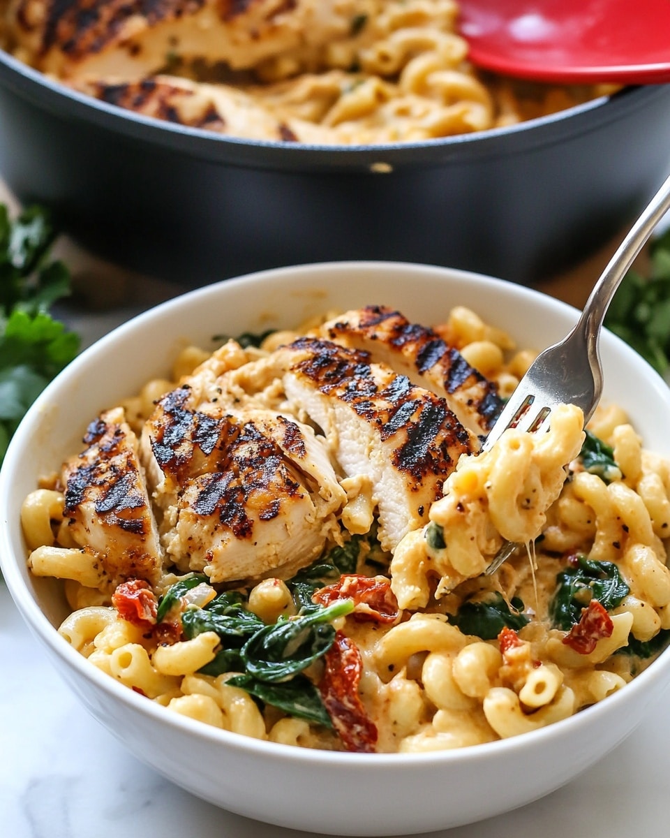 The image shows a white bowl filled with creamy macaroni pasta mixed with green spinach leaves and bits of red sun-dried tomatoes, topped with two pieces of grilled chicken with dark brown grill marks. Above the bowl, a silver fork lifts a cheesy, stretchy portion of pasta, pulling melted cheese strands with it. Behind the bowl, a green pan holds more macaroni pasta layered with several slices of grilled chicken arranged on top. The scene is set on a white marbled surface with some fresh green herbs on the side, and a red spatula rests in the pan. Photo taken with an iphone --ar 4:5 --v 6.1