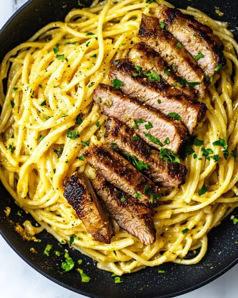Steak and Pasta with Creamy Garlic Parmesan Sauce Recipe
