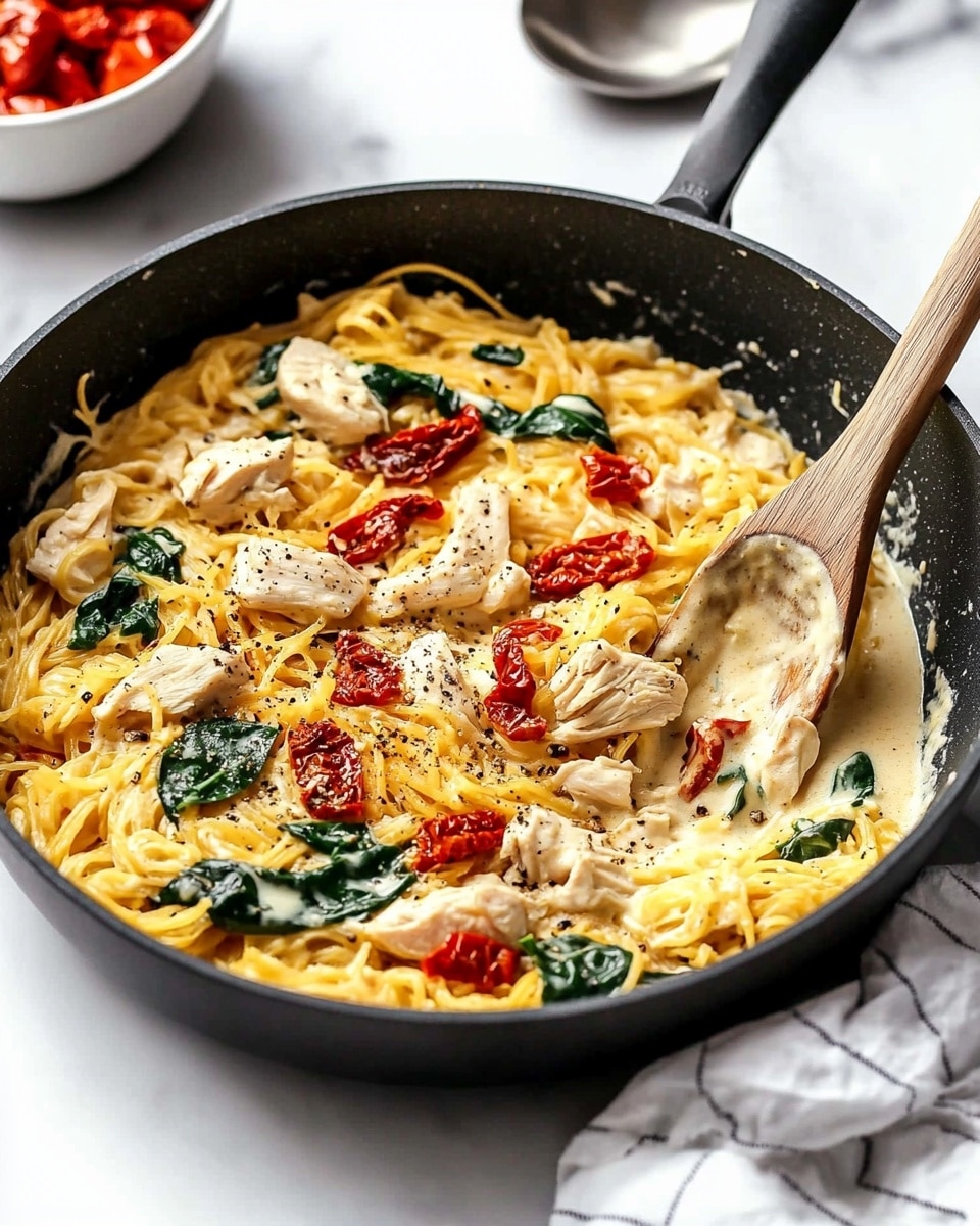 The image shows a creamy pasta dish with three main layers mixed together. The bottom layer is light yellow cooked noodles, soft and coated in a creamy sauce. Scattered evenly throughout are pieces of cooked chicken, light golden brown with some black pepper specks. Bright green spinach leaves are spread around, adding fresh color and texture. There are also bright red sun-dried tomatoes mixed in for contrast. A wooden spoon stirs the ingredients, showing the creamy texture and mixture of all parts. The dish is placed on a white marbled surface. photo taken with an iphone --ar 4:5 --v 6.1