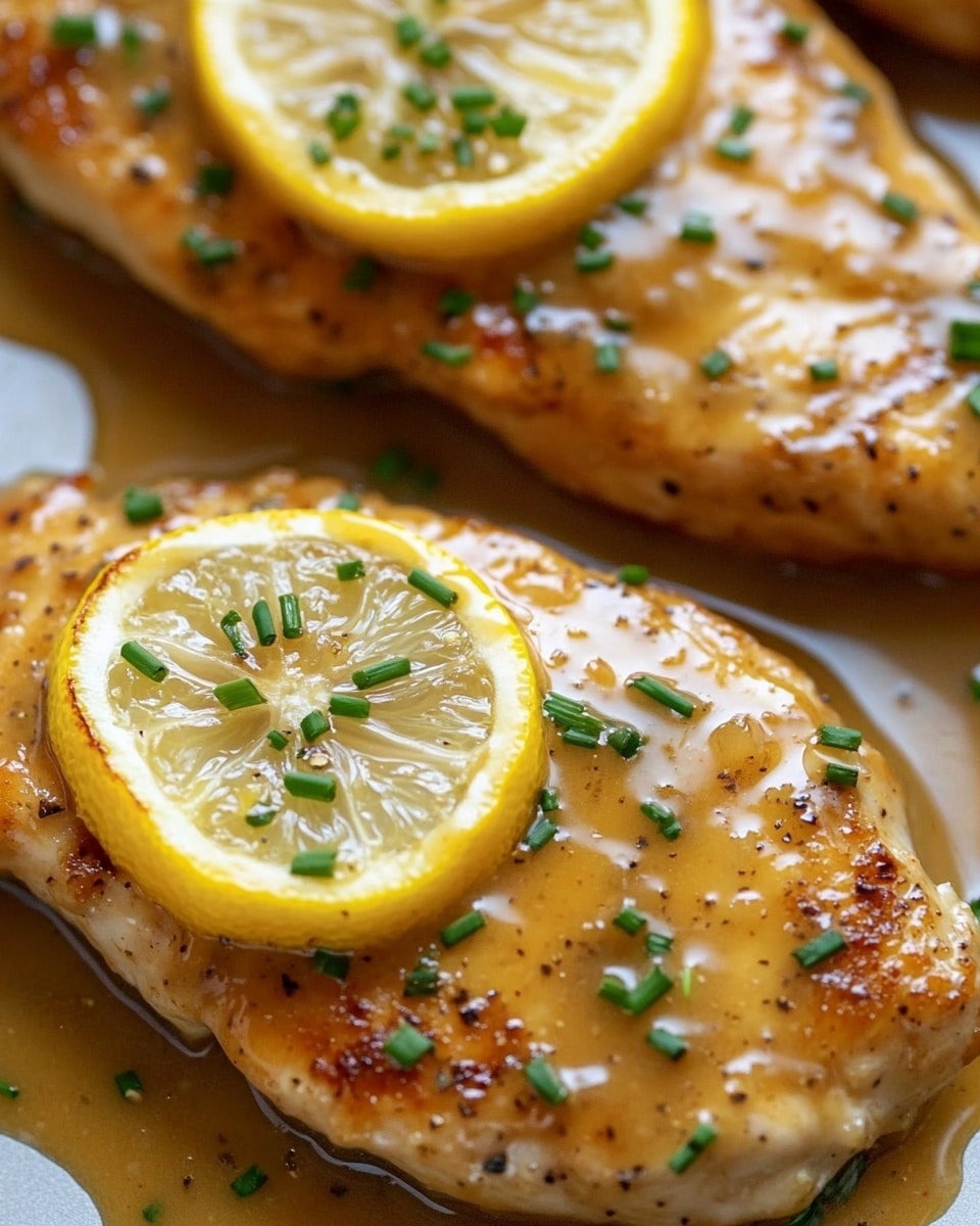 The image shows four pieces of golden-brown cooked chicken layered with a smooth light brown sauce that covers the top and pools around them. Each piece has a round, thin lemon slice placed neatly on top, with a sprinkle of small green chives evenly spread across the surface, adding a touch of freshness and color. The chicken pieces have a slightly textured, crispy look around the edges, contrasting with the creamy sauce that looks rich and glossy. The background is a white marbled texture with a close, cozy framing on the dish. Photo taken with an iphone --ar 4:5 --v 6.1