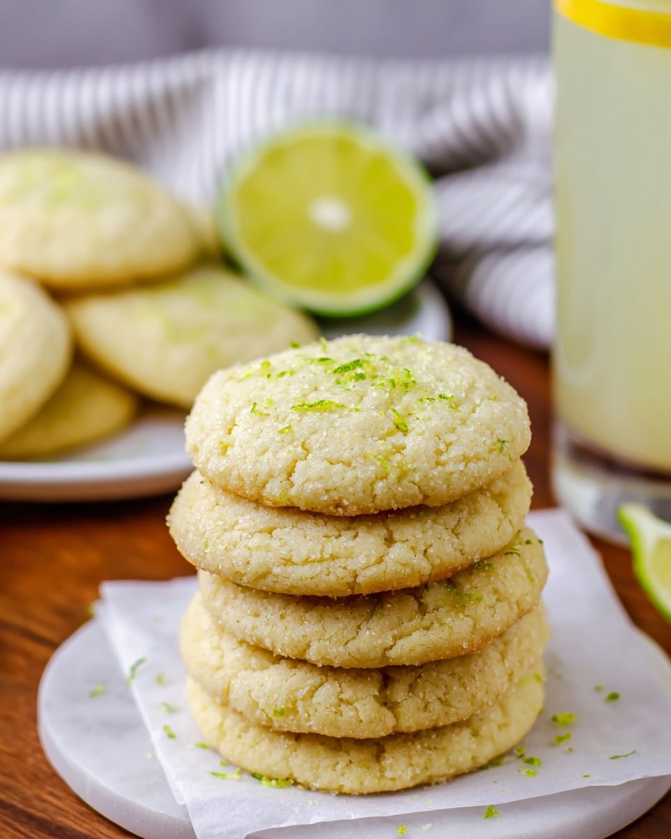 A baking tray filled with 14 round cookies that are light golden in color with cracks on the surface and small green lime zest sprinkled evenly on top. On the top left corner of the tray, there is a wedge of lemon and at the bottom left corner outside the tray, there is a wedge of lime. The tray is placed on a white marbled surface with a blue and white striped cloth partially visible on the left side. The lighting is soft and natural, highlighting the texture of the cookies and lime zest photo taken with an iphone --ar 4:5 --v 7