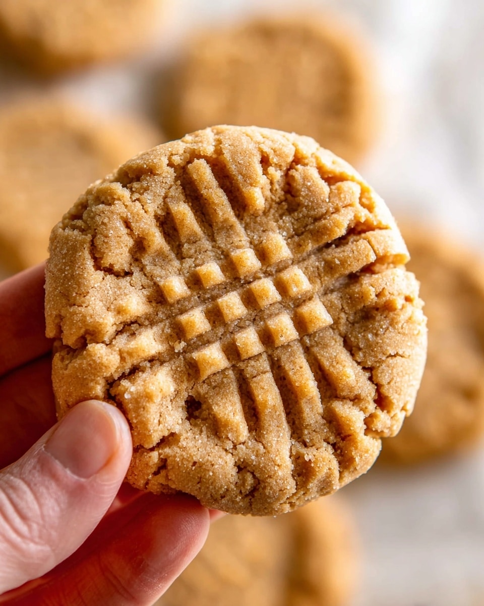 A close-up image shows a single round peanut butter cookie held by a woman's hand, with textured fork marks pressed into the top forming a crisscross pattern. The cookie is light golden brown with a slightly cracked and crumbly surface, suggesting a soft and tender inside. More similar cookies lie blurred in the white marbled background, creating a warm, cozy feeling. The cookie fills most of the frame, showing detailed texture on its surface. Photo taken with an iphone --ar 4:5 --v 7
