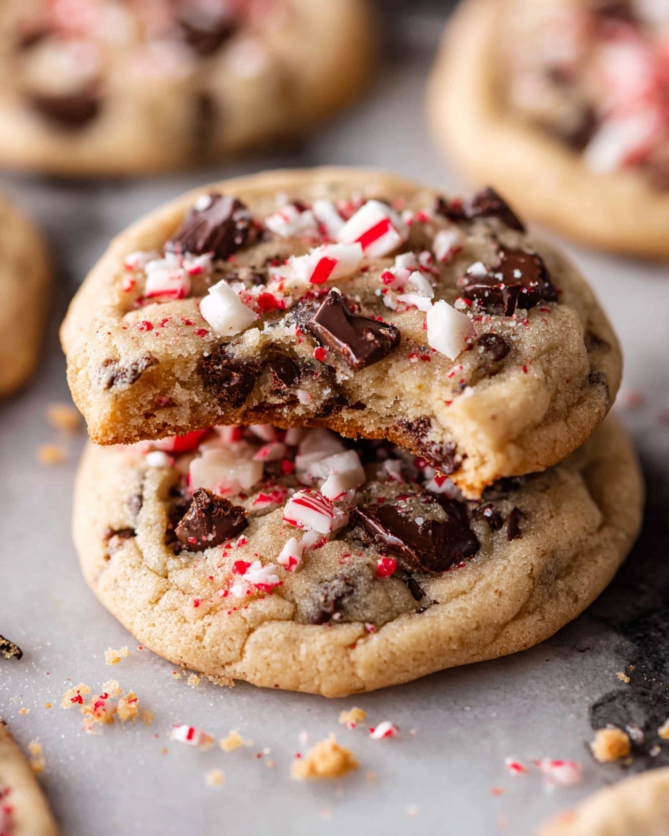 Two round cookies stacked on a white marbled surface, with the top cookie having a bite taken from it showing a soft, chewy texture inside. Both cookies have mixed chunks of dark brown chocolate and small white and red peppermint pieces scattered on the top surface. The cookies are golden brown with a slightly crisp edge and a soft center. Crumbs from the cookies are sprinkled around them. The background is softly blurred showing more cookies. Photo taken with an iphone --ar 4:5 --v 7