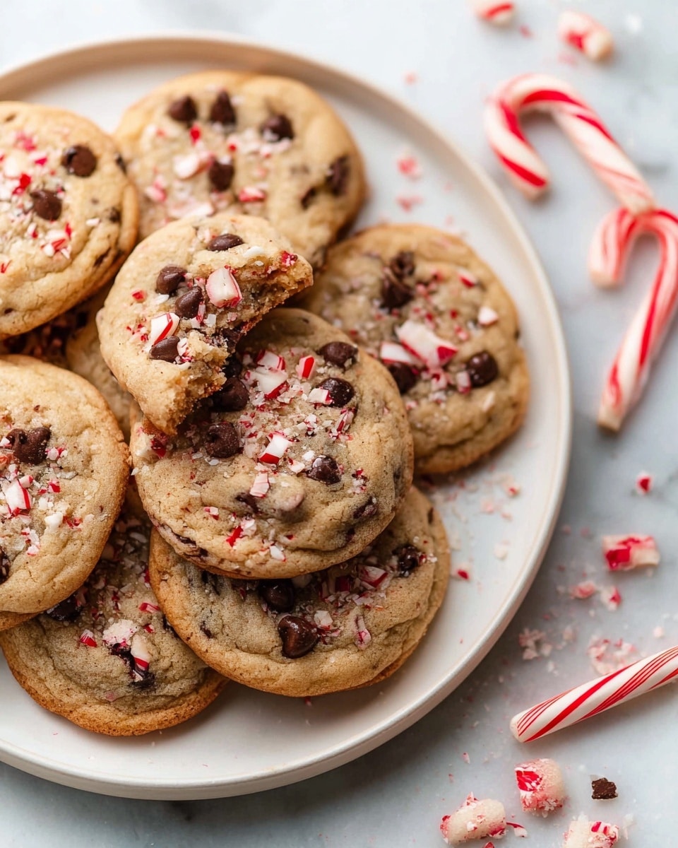 A white plate filled with soft, light brown cookies that have melted dark chocolate chips and small pieces of red and white crushed peppermint candy mixed throughout. The cookies are round with a slightly uneven surface texture showing the chunks inside. One cookie on top has a bite taken from it, revealing a soft inside with the same mix of chocolate and peppermint. Around the plate on a white marbled surface, there are whole and broken pieces of candy canes, adding a festive touch. Photo taken with an iphone --ar 4:5 --v 7