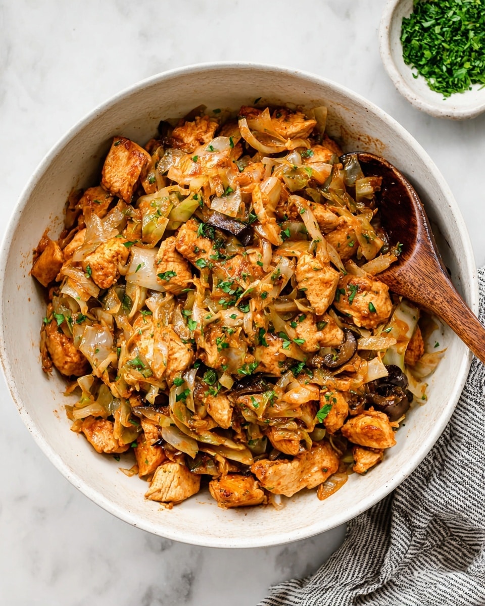 The image shows a white bowl filled with a cooked dish made of small orange-brown chunks of chicken mixed with thin light beige cabbage strips and small pieces of green bell pepper and mushrooms. The dish is covered lightly with sauce, giving a glossy look. Some small green chopped herbs are sprinkled on top. A wooden spoon is placed inside the bowl on the right side, partially under the food. The bowl sits on a white marbled surface with a small white bowl of chopped herbs visible in the top right corner and a gray and white striped cloth partly visible in the bottom left corner. Photo taken with an iphone --ar 4:5 --v 7