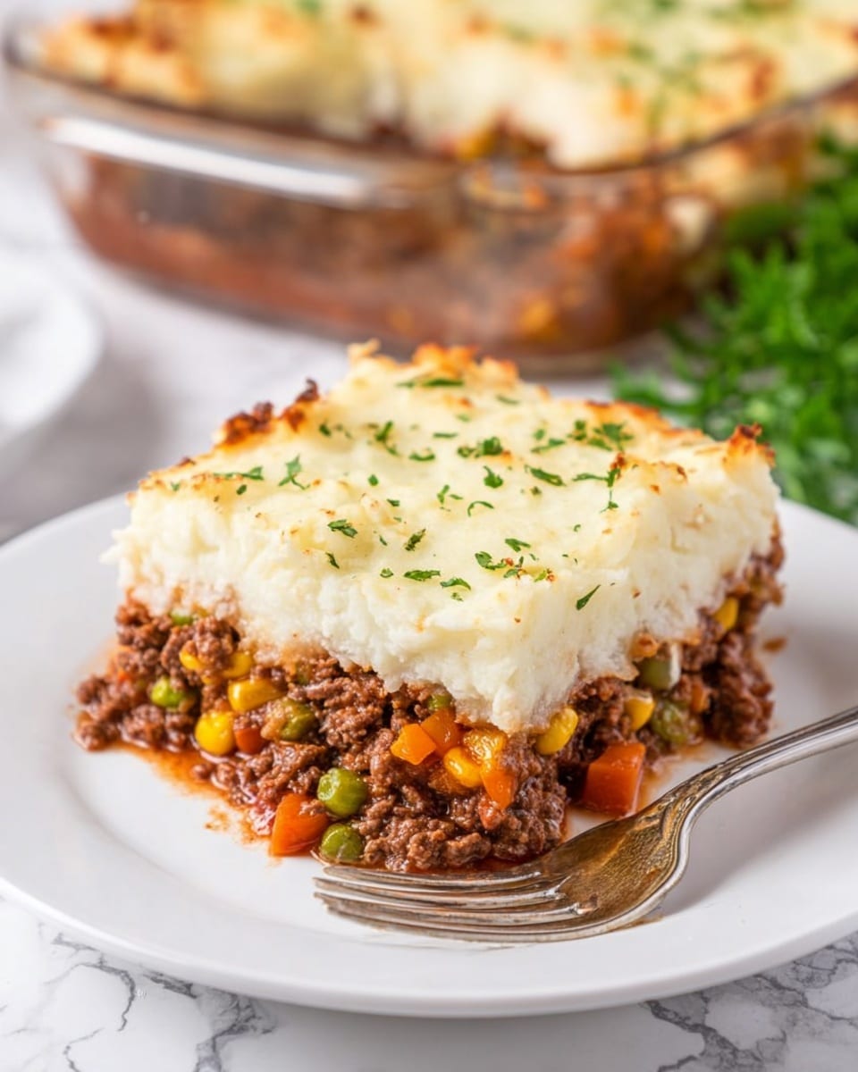 A square slice of shepherd's pie on a white plate shows two main layers: the bottom layer is thick and chunky with cooked ground meat mixed with small pieces of carrots, corn, and green veggies, all in a brown sauce, while the top layer is smooth mashed potatoes with a slightly browned surface and small green herb sprinkles. The pie slice sits next to a silver fork with a blurred clear glass baking dish filled with more pie in the background on a white marbled surface, along with some green herbs nearby. Photo taken with an iphone --ar 4:5 --v 7