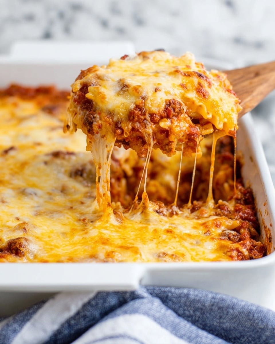 A close-up of a white baking dish filled with a cheesy baked pasta dish being lifted by a wooden spatula. The lifted portion shows three layers: the bottom layer is a red tomato sauce with visible pieces of ground meat, the middle layer consists of pasta mixed with the sauce, and the top layer is thick melted cheese, golden yellow and slightly browned, stretching in strings as it is lifted. The dish sits on a white marbled surface with a blue and white striped cloth beside the baking dish. Photo taken with an iphone --ar 4:5 --v 7