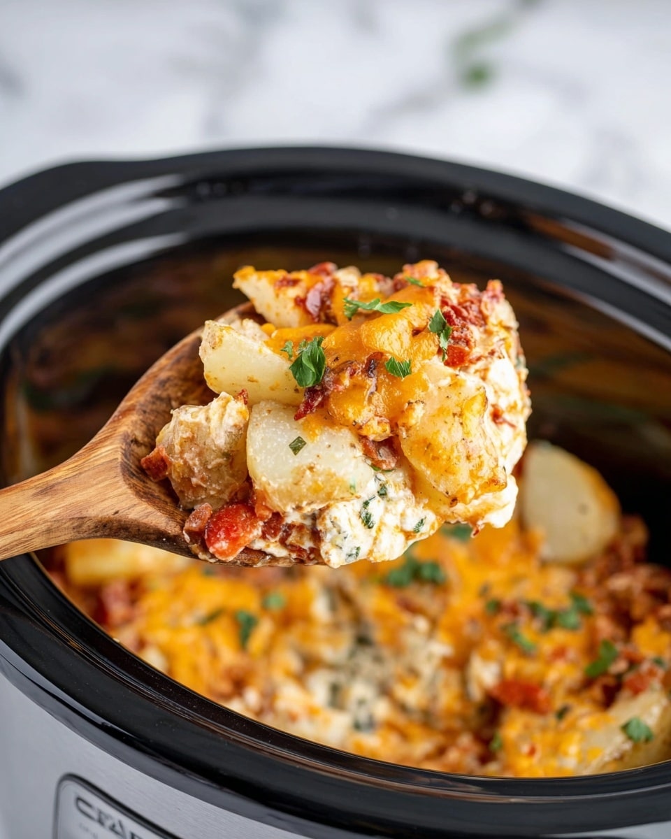 A wooden spoon holds a scoop of a layered dish taken from a slow cooker with a black interior and metallic outer surface, set on a white marbled background. The dish has three main layers: the top layer is a melted orange cheese with bits of browned texture and green herbs sprinkled over, the middle layer shows chunks of light beige textured potato mixed with small pieces of red and green peppers, and the bottom layer blends into a rich tomato-based sauce with visible bits of bacon or meat and herbs. Photo taken with an iphone --ar 4:5 --v 7