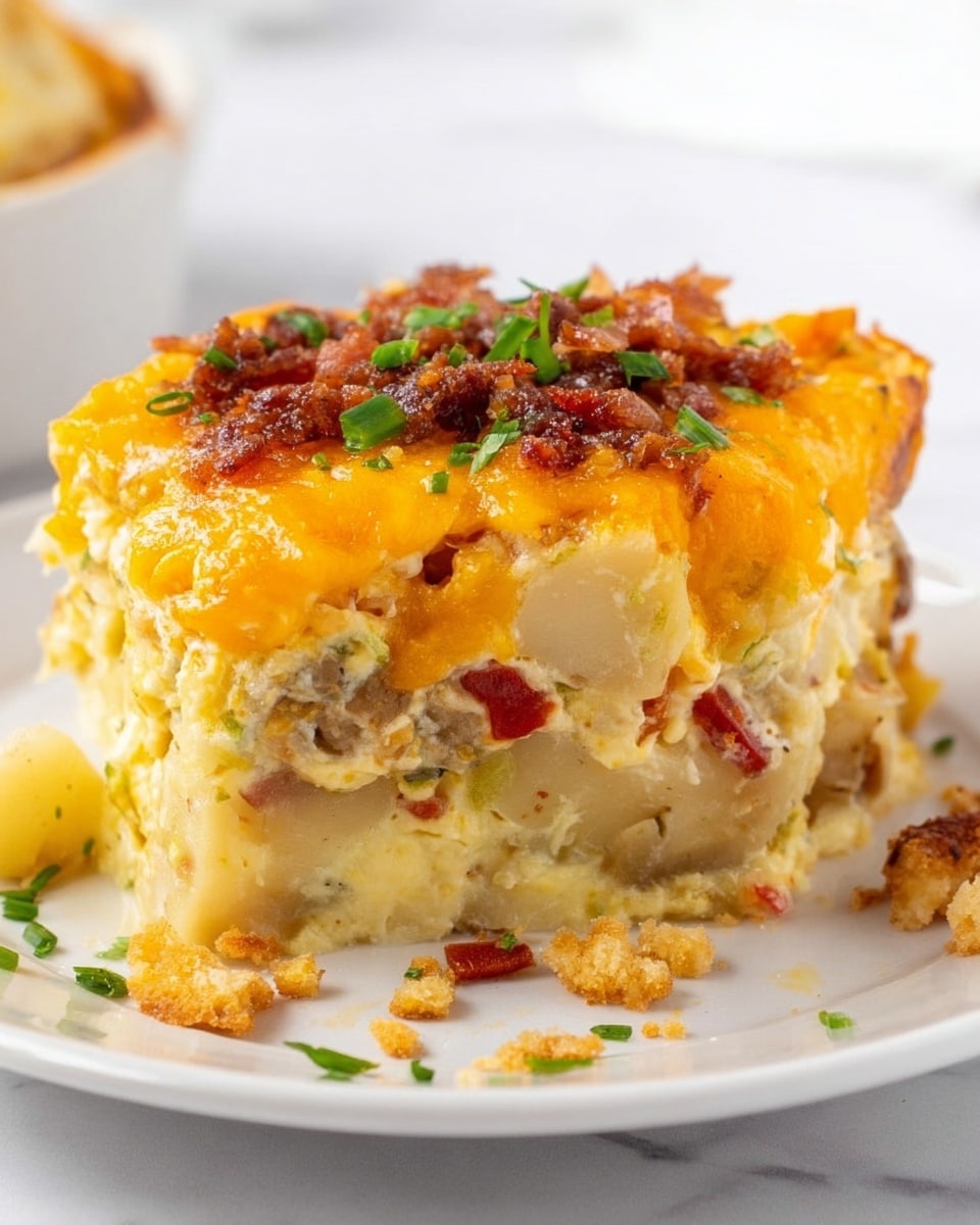A close-up of a layered casserole slice on a white plate, placed on a white marbled surface. The bottom layer is chunky pale yellow potato pieces with bits of red and green vegetables mixed in. Above that is a thick creamy yellow layer with visible small vegetable pieces. The top layer is a browned, melted golden-orange cheese with small bits of browned meat and chopped green herbs sprinkled on top. Some crumbled pieces are scattered around the plate’s base. Photo taken with an iphone --ar 4:5 --v 7