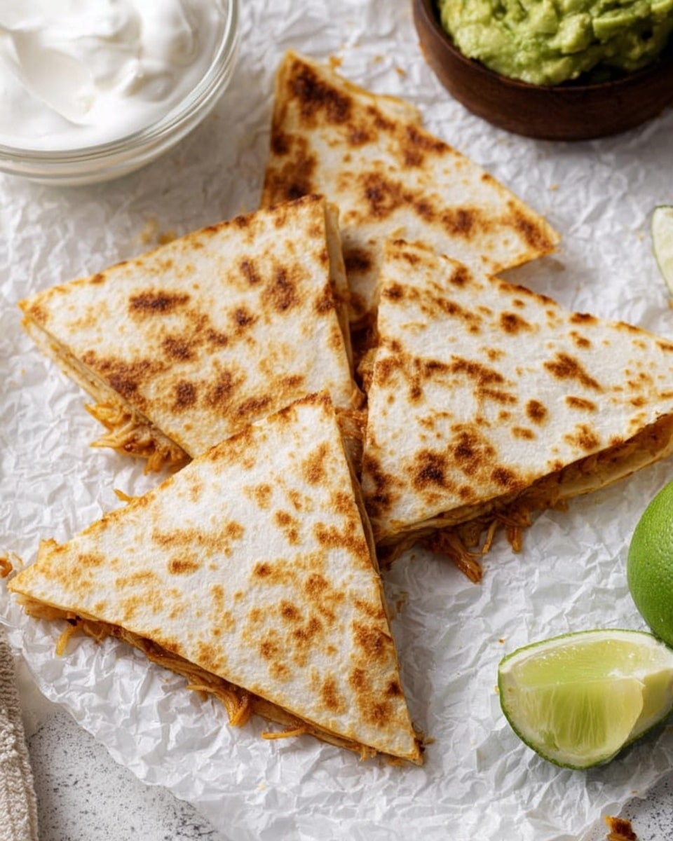 Three triangular quesadilla pieces with a lightly toasted golden-brown spotted surface are laid on crumpled white paper on a white marbled surface. The quesadillas have a visible shredded light brown filling peeking out from the edges. To the side, there is a glass container filled with white sour cream and a lime wedge nearby. The background includes a white bowl with green guacamole and a green apple partially visible. Photo taken with an iphone --ar 4:5 --v 7