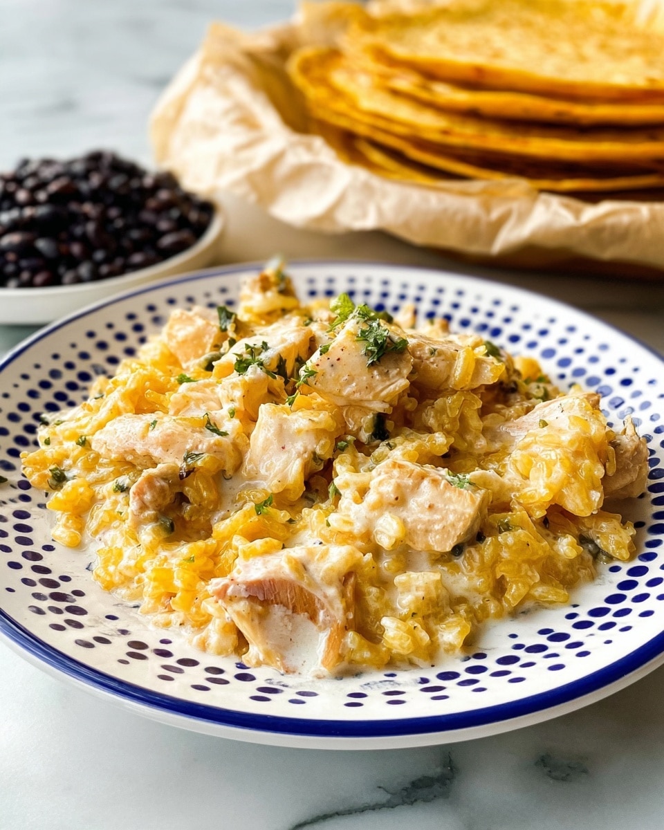 A white plate with blue dots around the edge holds a creamy dish made of golden-yellow rice and light brown chunks of chicken mixed with a white sauce, garnished with small green herbs. At the back of the plate, a small portion of black beans is visible. Behind the plate, there is a stack of flat, golden-brown tortillas resting on a crumpled beige paper. The whole scene is set on a white marbled surface. photo taken with an iphone --ar 4:5 --v 7
