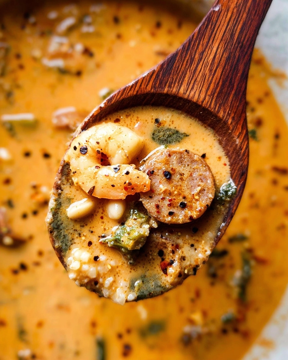 The image shows a close-up of a wooden spoon lifting a creamy, orange-colored soup filled with different ingredients. The soup contains visible white pieces that look like grains or small pasta, sliced light brown rounds resembling sausage, small green vegetable pieces, and some larger yellow shrimp. The surface of the soup and the spoon is dotted with black pepper and other small spices, giving it a textured look. The background is a white marbled surface with the same soup spread out, adding a warm and rich feel to the scene. photo taken with an iphone --ar 4:5 --v 7