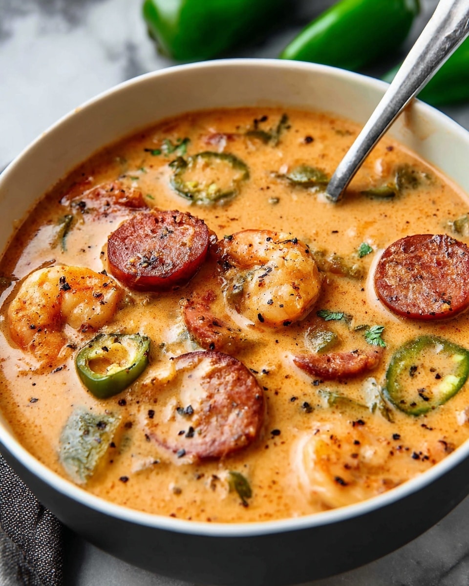A close-up view of a creamy orange soup filled with several visible ingredients: sliced reddish-brown sausage pieces, golden shrimp, and small chunks of green vegetables, all mixed in a thick, smooth broth. The soup is served in a deep white bowl with a silver spoon inside, sitting on a white marbled surface with blurred green peppers in the background. The dish is sprinkled with black pepper, adding small dark spots throughout the creamy texture. Photo taken with an iphone --ar 4:5 --v 7