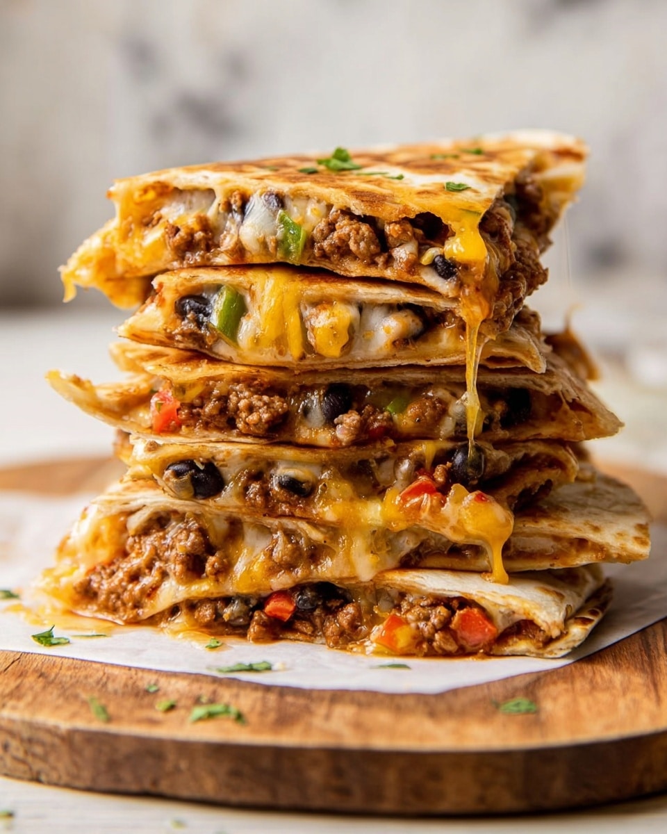 The dish shows a stack of quesadillas arranged on a white plate, each quesadilla cut into triangular slices. Each piece has two golden brown tortilla layers with a textured, slightly crispy surface. Between these layers, there is a rich mix of dark brown cooked meat, melted cheese that is slightly yellow and stringy, along with small bits of green and red vegetables. The quesadillas are sprinkled with finely chopped green herbs on top, adding a fresh touch. The plate rests on a white marbled surface. photo taken with an iphone --ar 4:5 --v 7