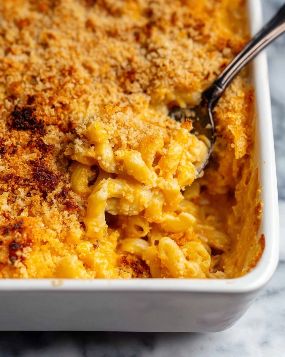 A close-up view of a large scoop of baked macaroni and cheese being lifted with a black spoon, showing elbow pasta covered in melted, creamy orange-yellow cheese with some strings of cheese stretching down. The scoop has a golden-brown crunchy breadcrumb topping on top. The background shows the rest of the baked macaroni and cheese in a dish, with a golden, cheesy surface. The scene is set on a white marbled surface. Photo taken with an iphone --ar 4:5 --v 7