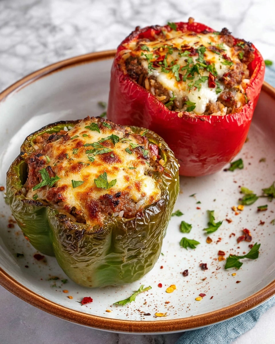 Four stuffed bell peppers are arranged in a white rectangular baking dish on a white marbled surface. Each pepper is a different color: one green, two red, and one yellow. They are cut open at the top and filled with a mixture of ground meat, rice, and vegetables, topped with melted and slightly browned cheese. Small green herb bits are sprinkled on the cheese, adding texture and color. The peppers sit closely together, showing their colorful, thick walls and the rich, savory filling inside. Photo taken with an iphone --ar 4:5 --v 7
