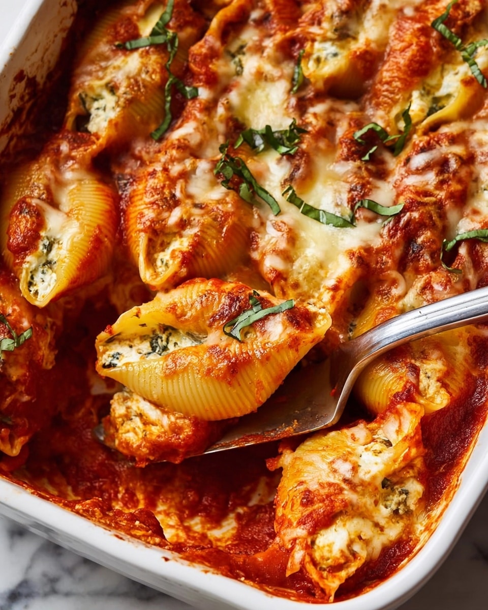 This image shows a white baking dish filled with large pasta shells stuffed with a creamy cheese and herb mixture, layered in a thick red tomato sauce. Each shell is topped with melted golden cheese that is slightly browned and bubbly. Fresh green basil strips are sprinkled on top, adding a bright contrast to the rich red sauce and golden cheese. A metal spatula is lifting one stuffed shell out of the dish, showing the creamy filling inside. The dish looks warm and hearty, resting on a white marbled surface. Photo taken with an iphone --ar 4:5 --v 7