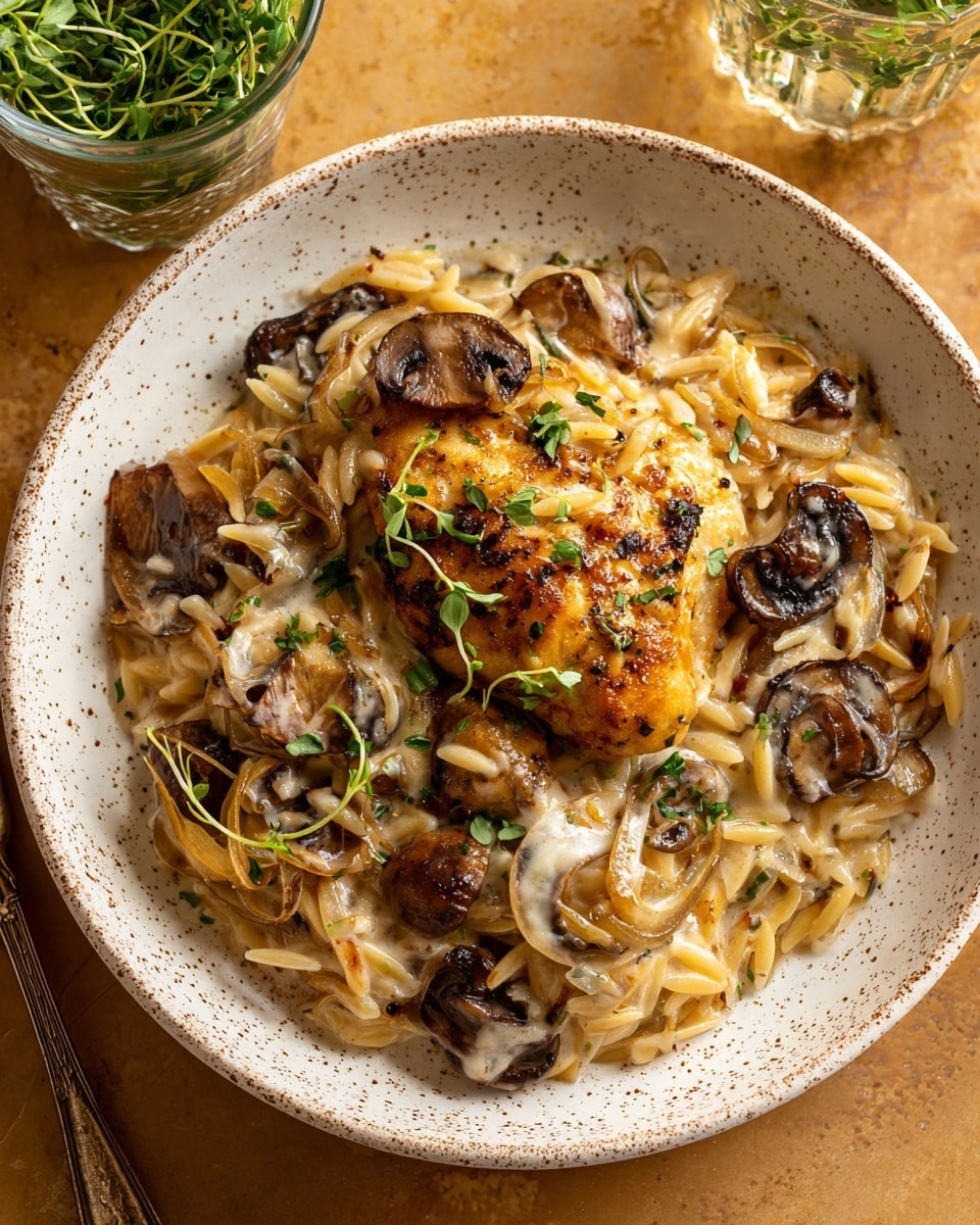 The dish shows a white speckled plate filled with a creamy pasta layered with soft, pale yellow pasta spirals mixed with cooked onions that are golden-brown and caramelized. There are dark brown mushroom slices scattered throughout the creamy sauce. At the center, there is a golden-brown piece of food, possibly a chicken piece, garnished with small green herb leaves. Two silver forks are placed on the plate, one touching the pasta and onions. The plate rests on a warm brown surface with a glass container of fresh green herbs in the background. photo taken with an iphone --ar 4:5 --v 7