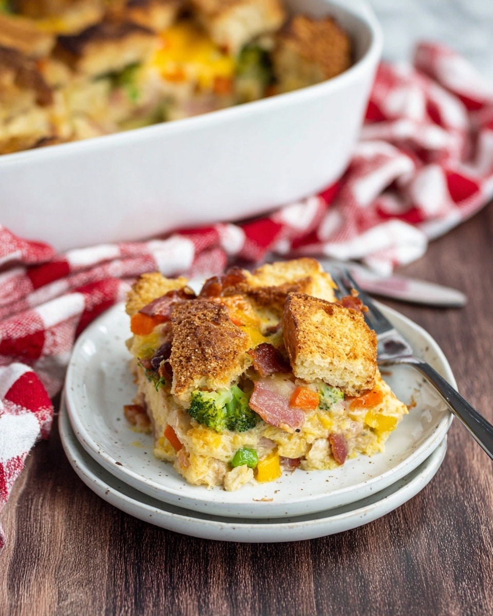 A single piece of savory casserole sits on a round white plate, showing three visible layers: the top layer is golden brown toasted bread with a rough texture, the middle layer features mixed vegetables in bright green, orange, and yellow colors with some bacon pieces, and the bottom layer is creamy and soft with a light yellow and pink mix. The plate is placed on a dark wooden surface next to a fork on the right side. In the background, there is a white baking dish filled with more casserole that has the same multi-colored vegetable and bread layers, all set on a red and white checkered cloth over a white marbled surface. Photo taken with an iphone --ar 4:5 --v 7