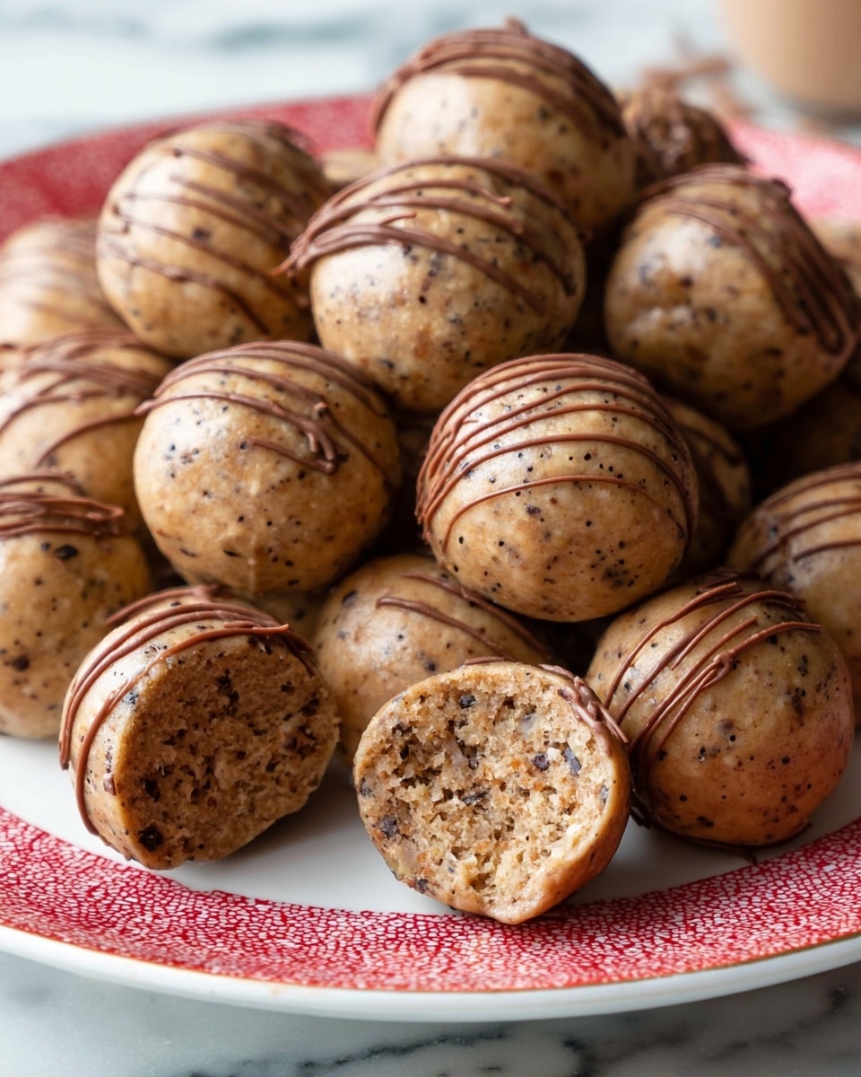 The image shows many round, smooth energy bites with a light brown color and small dark specks throughout, arranged closely together on a white marbled surface with a red striped cloth beneath. One energy bite is at the front with a small bite taken out, revealing a chewy, textured inside. Several bites have thin, shiny caramel-colored drizzle lines on top, adding a decorative touch. The overall look is neat with the uniform round shape of the bites. photo taken with an iphone --ar 4:5 --v 7