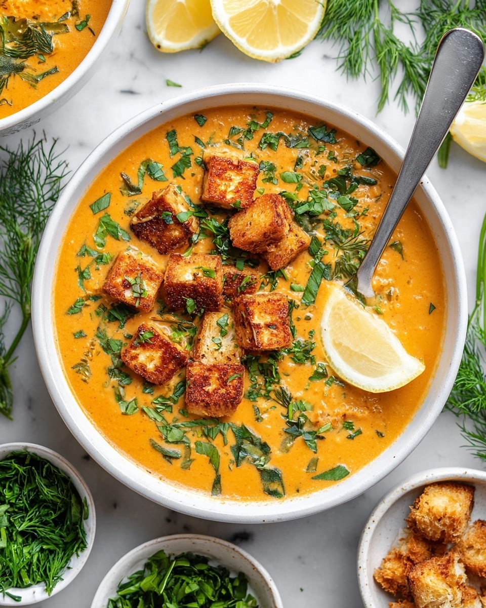 Two white bowls filled with thick orange soup with visible small green herbs mixed in, topped with several golden brown, crispy toasted bread cubes scattered on the surface, and sprinkled finely with chopped green herbs. One bowl has a silver spoon resting inside, partially submerged. Around the bowls are small white dishes holding fresh herbs like chopped parsley and dill, a white dish with lemon wedges, whole lemon halves, garlic cloves, and a bowl of more toasted bread cubes. All items are placed on a white marbled surface with a blue and white striped cloth partially visible to the right. The lighting is bright and natural, highlighting the warm colors and fresh ingredients. Photo taken with an iphone --ar 4:5 --v 7